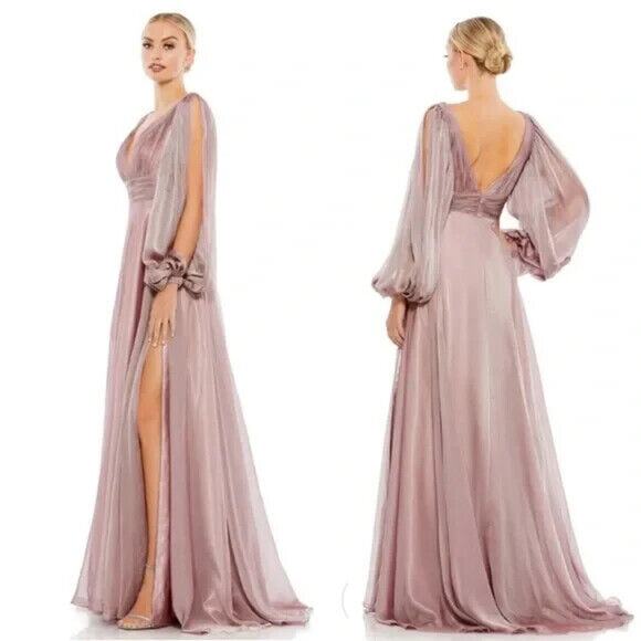 NWT Mac‎ Duggal 67414 Chiffon Split Sleeve Deep V-Neck A Line Gown Pink - Picture 2 of 7